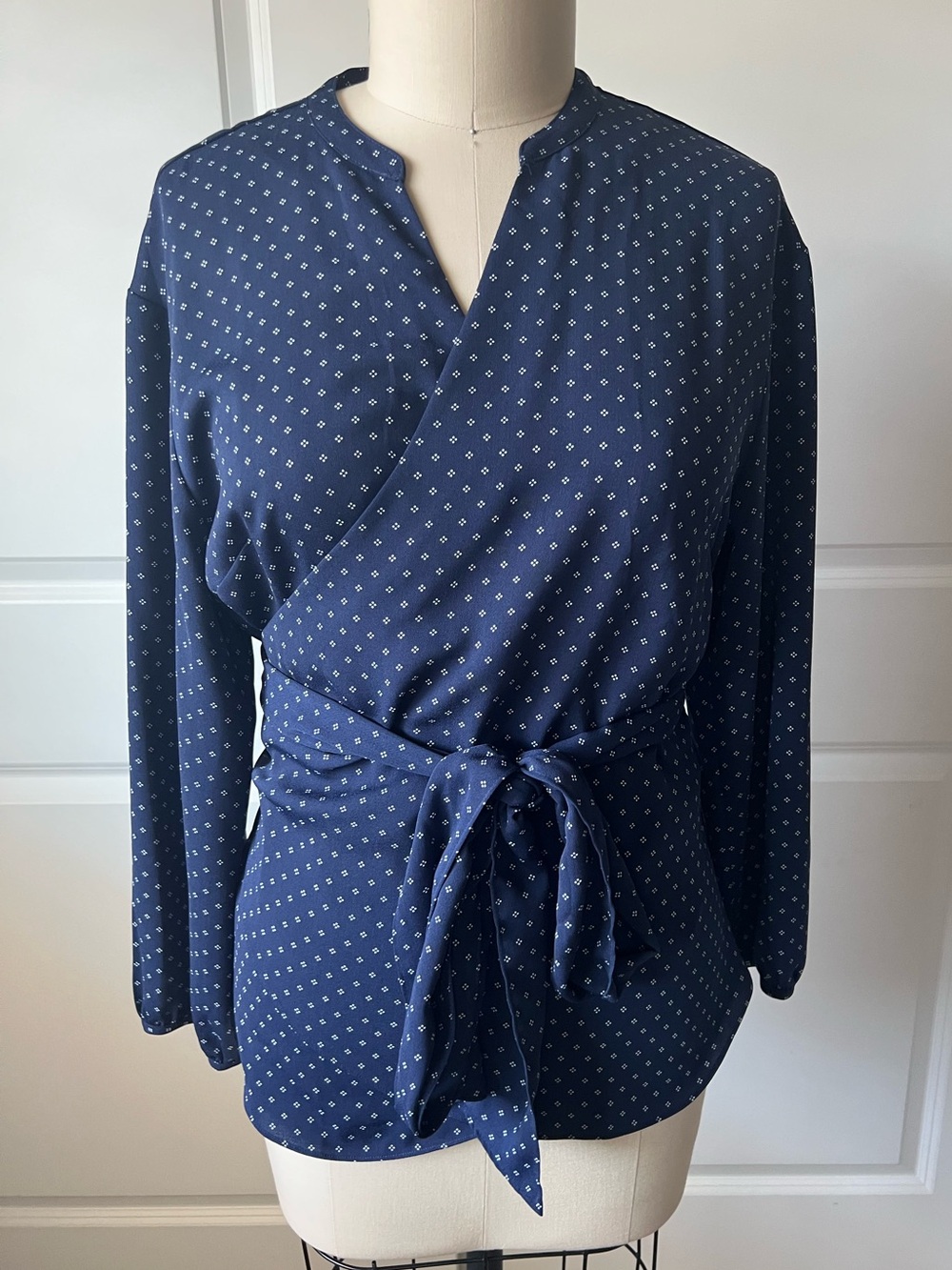 J. Crew Navy Printed Wrap Top with Waist Tie - Picture 1 of 4